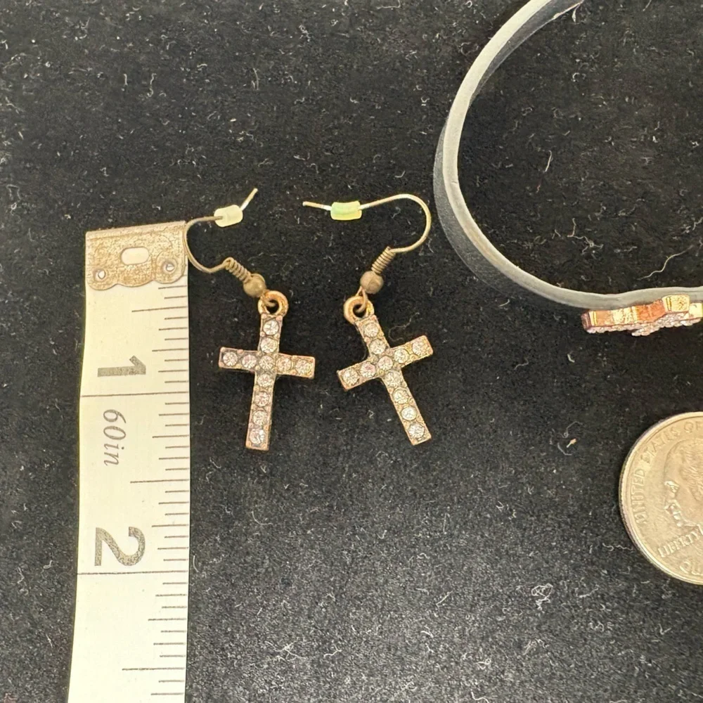 Gold Tone and Rhinestone Cross Earrings and Bracelet Set